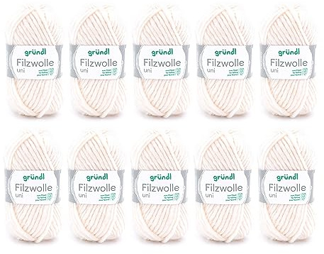 Gründl Wolle Filzwolle uni 100% Schurwolle - 10 Knäuel 50 g, Creme | Dicke Wolle zum Filzen in der Waschmaschine - Strickgarn zum Filzen - Weich und hautfreundlich - 50g/50 m - Nadelstärke 8-9