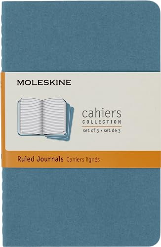 Moleskine Cahier Journal, Set 3 Notebooks with Ruled Pages, Cardboard Cover with Visible Cotton Stiching, Colour Brisk Blue, Pocket 9 x 14 cm, 64 Pages
