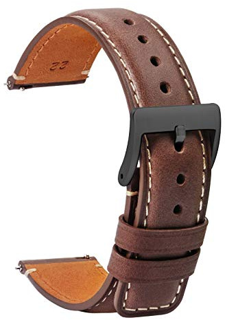 TStrap Leder Uhrenarmband 20mm - Weich Schwarz Quick Release Uhrenarmbänder Ersatz - Sport Uhrenarmband für Herren Damen - Smartwatches Armband mit Silber Schließe Haspe - 18mm 20mm 22mm