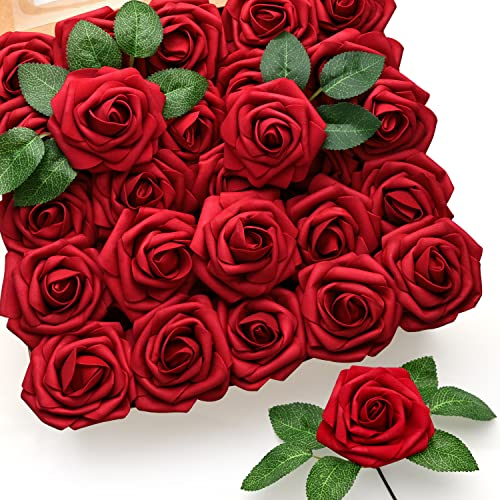 Mocoosy 50Pcs Red Roses Artificial Flowers, Artificial Rose Real Touch Foam Fake Roses Bulk with Stem,Lifelike Rose DIY Craft Flower for Wedding Bridal Bouquet Centerpiece Arrangement Party Home Decor