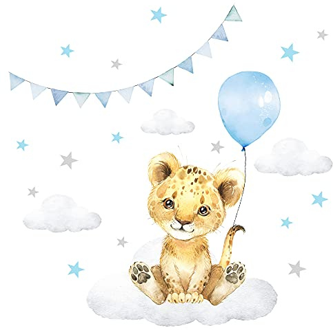 Little Deco Wandsticker Wandtattoo Kinderzimmer Deko Junge Tiere Löwe Ballon Wolken Aufkleber Baby Spielzimmer Wandbild selbstklebend blau DL686-2
