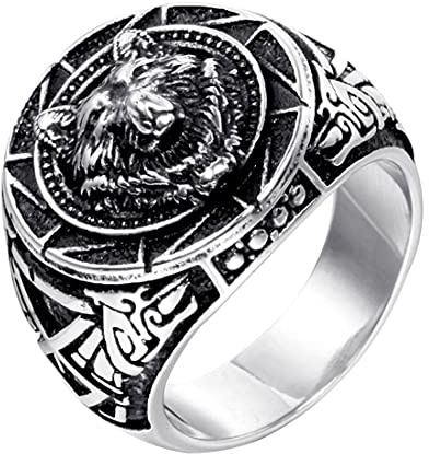 HIJONES Vintage Rond Sceau Loup Bague Argent pour Homme en Acier Inoxydable des Couples Bijoux Taille 68