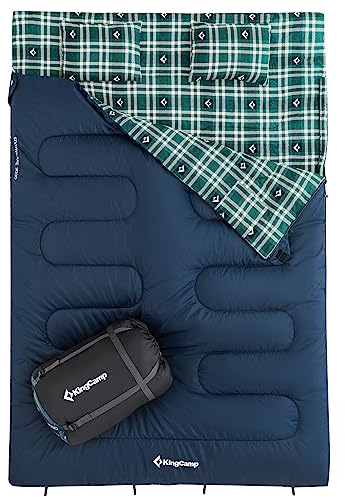 KingCamp Doppelschlafsack Winter Schlafsack 2 Personen Outdoor Warmer Deckenschlafsack Tragbar Leicht 3-4 Jahreszeiten mit 2 Flanell Kissen Camping Schlafsack für Kinder & Erwachsenen 4kg Blau