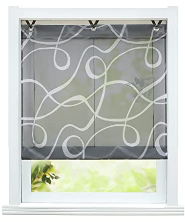 ESLIR Raffrollo ohne Bohren Raffgardine Transparent mit Ösen Voile Gardinen mit Haken Ösenrollo Modern Vorhänge Grau BxH 60x130cm 1 Stück