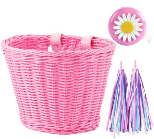 Bike Basket Kid Bicycle Basket Bike Accessories, 1pc Bicycle Bell with Stickers, 1pc Kid Bicycle Front Basket and 1pairs Colorful Ribbons Tassels Decoration for Girl Boy (Pink)