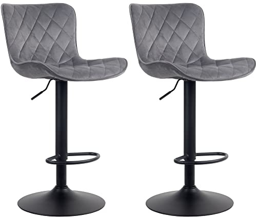 CLP 2er Set Barhocker Emma - Höhenverstellbare Barstühle - 360° Drehstühle Mit Rückenlehne Für Küche Und Bistro | Farbe dunkelgrau Material Samt