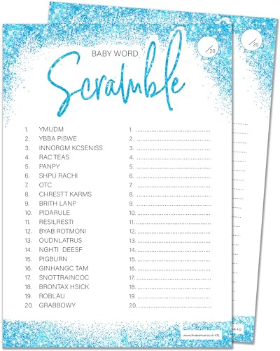 Olivia Samuel 20 x Word Scramble Baby Shower Game - Boys Blue Glitter Effect Design (20 Guest Cards + 1 Card of Answers for The Host + Winner's Certificate)