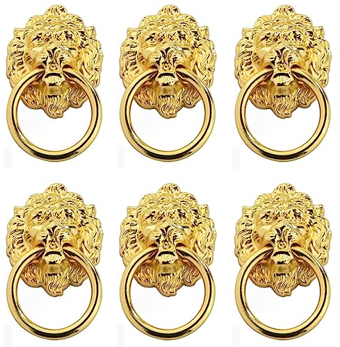 CTForest 6 stycken möbelknoppar, möbelknoppar handtagsring, antik lejon skåphandtag, draghandtag, lämplig för möbelhandtag, bekväm och arbetsbesparande (guld)