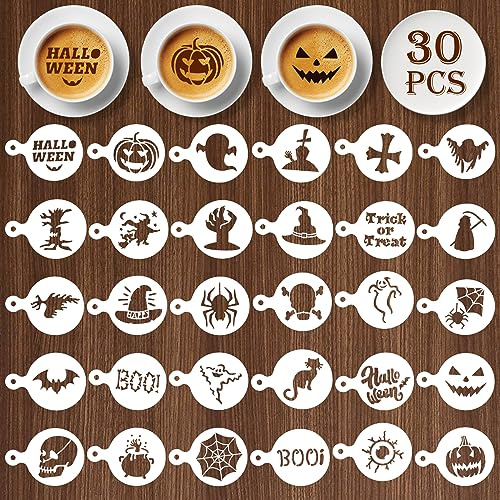 Qpout 30 Stück Halloween-Kaffee-Schablonen Niedliche Kuchenschablonen-Schablonen-Dekoration für Halloween-Party-Gefälligkeiten Kuchen-Kaffee-Zubehör Handwerk DIY Backen