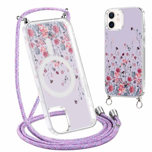 Yoedge Handyhülle Handyband für iPhone 12 mini 5,4 Hülle mit Band, Magnetisch Case Kompatibel mit Magsafe, Silikon Stoßfest Schutzhülle Kordel zum Umhängen Cover mit Aesthetic Muster 4-Blumen