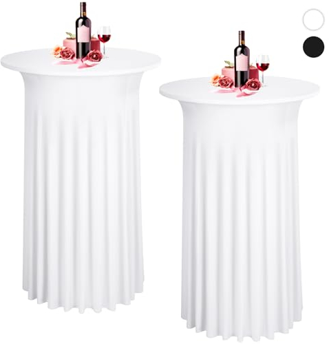 2 Packungen weiße Stehtisch hussen, 80 x 110 cm, Stretch Stehtisch Tischdecke mit Rock, Runder Cocktail-Tischrock, Bistrotisch-Bartisch-Abdeckung für Bar, Party, Hochzeit, Banketttisch,Geburtstag