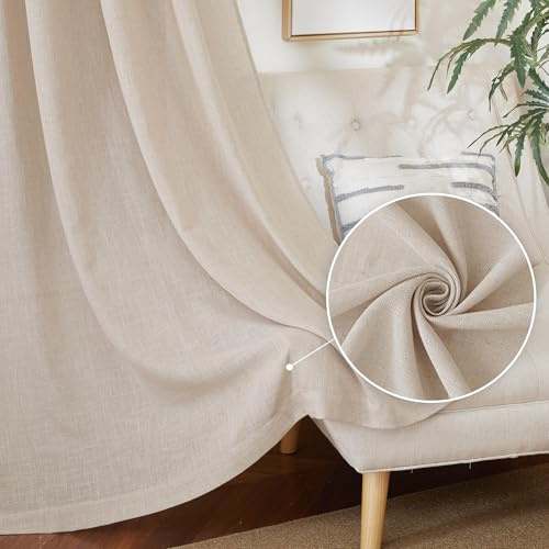 PONY DANCE Leinenvorhänge Boho Gardinen für Wohnzimmer & Schlafzimmer 2er Set H 200 x B 140 cm Natur, Gardine Leinen Halbtransparent Vorhang mit Kräuselband für Schienensystem