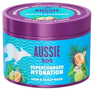 Aussie SOS Supercharged Hydration Scalp & Hair Mask, Soothe Dry Scalp and Rehydrate Extremely Dry, Thirsty Hair, 100 Hours of Hydration, Leave In Cream or Rinse Out, 500ml