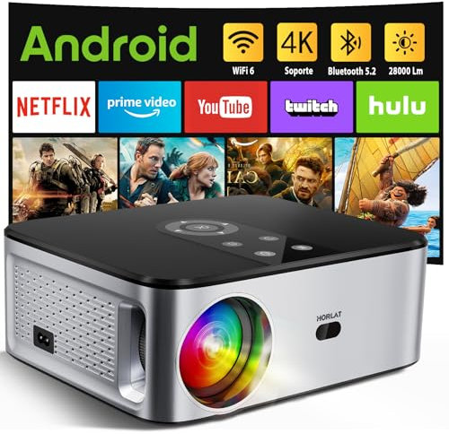 Proyector Portátil【Android TV & Auto Corrección】 Horlat 4K Soporte 6G WiFi Bluetooth,28000 Lúmenes 300'' Display Proyector, con una Aplicación Incorporada Netflix,Youtube,Prime Video +7000 APPS
