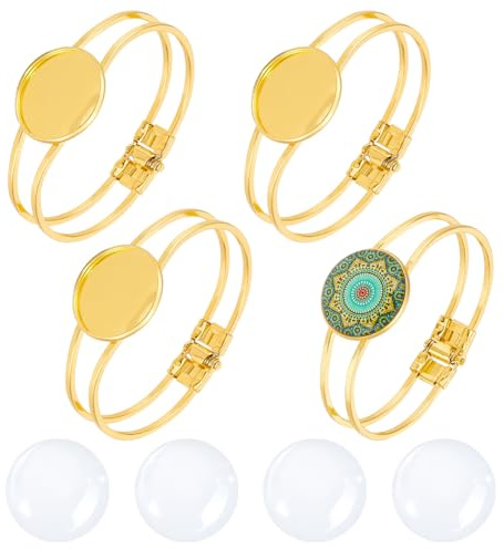 UNICRAFTALE 4 Stück DIY Blanko Armreif Herstellungsset Aus Messing Mit Kuppel Innendurchmesser Golden Doppelschlaufen Armbandfassungen Rund Offen Blanker Armreif Mit Konkaver Glaslünettenschale
