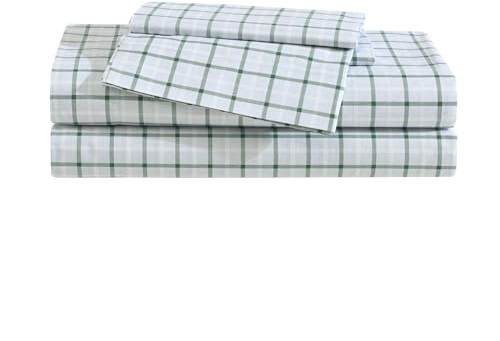 Eddie Bauer - Set di lenzuola doppie, set di biancheria da letto in percalle di cotone di alta qualità, decorazione per la casa, certificato Oeko-Tex (classico plaid verde Tattersall, doppio)