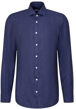 Seidensticker Men's Business Shirt - Slim Fit - Soft - Kent Collar - Long Sleeve - 100% Linen, Blue, 18
