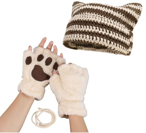 yolrdiw Therian Stuff - Gorro de gato con diseño de patas peludas, guantes sin dedos, grunge, emo, Fairycore, accesorios Y2K, Marrón Beige, talla única