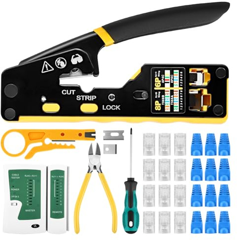 RJ45 Crimp Tool Kit Pass Through Ethernet Crimper with Cable Tester, Wire Stripper Cutter, for Cat5 Cat5e Cat6 Cat6a, RJ11 RJ12 Telephone Connectors, 50Pcs Plugs & Covers