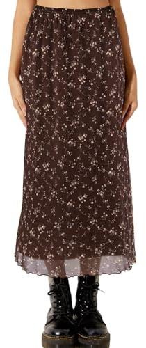 Avanova Women Floral Midi Skirt Boho Fall Summer Mesh High Waisted Maxi Long Skirts Floral Dark Brown X-Large