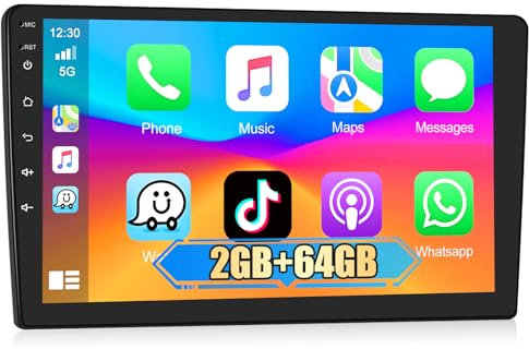 Motorsi Android 2 DIN Autorradio para Coche con iOS Carplay, Pantalla Táctil HD de 9'' 1080P 2+64GB Navegación GPS Bluetooth Android Auto WLAN Doble USB y Cámara de Visión Trasera AHD