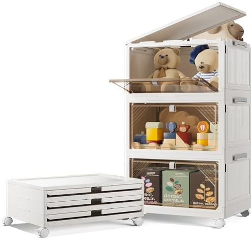 BTGGG 3 Tier Aufbewahrungsbox mit Deckel, 22L*3 Stapelboxen Kisten Aufbewahrung mit Deckel, Kunststoff-Aufbewahrungsbox Faltbare Aufbewahrungsbehälter mit Rollen und Türen, Storage Boxes Organizer