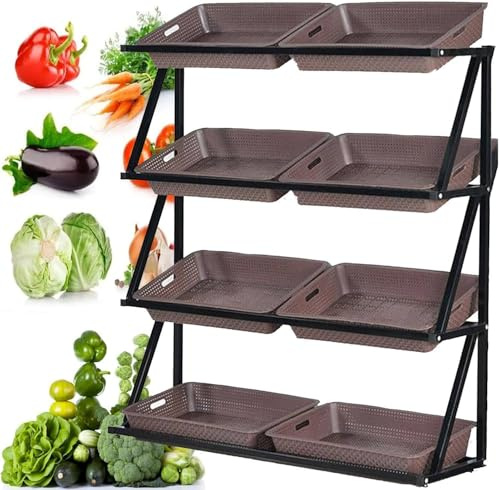 Estante de exhibición de frutas y verduras de supermercado de 4/5 niveles, 8/10 cestas para aperitivos, patatas, cebollas y productos, almacenamiento de gran capacidad para minoristas y despensa