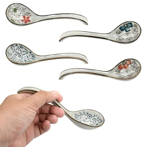 Godneei Keramik Ramen Löffel Set, 4er Set Asiatische Suppenlöffel mit Haken, Japanische Porzellanlöffel, Tiefe Keramik Löffel für Ramen, Pho, Miso, Suppen, Elegante Porzellanlöffel