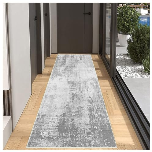 BORKOY Alfombra de Área 60x180 cm - Alfombra Cocina y Pasillo Lavable - Patrón Abstracto Gris Claro - Alfombra Corredor Antideslizante - Felpudo Entrada para Suciedad - Ideal para Lavadero, Saló