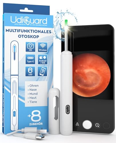 Otoscopio Limpiador de Oídos con Cámara 3,6mm 1920p WiFi Endoscopio de Oídos - UdiGuard Eliminación de Cerumen 6 Luces LED Digital Adultos Niños Perros - Compatible con iPhone iPad y Android Blanco