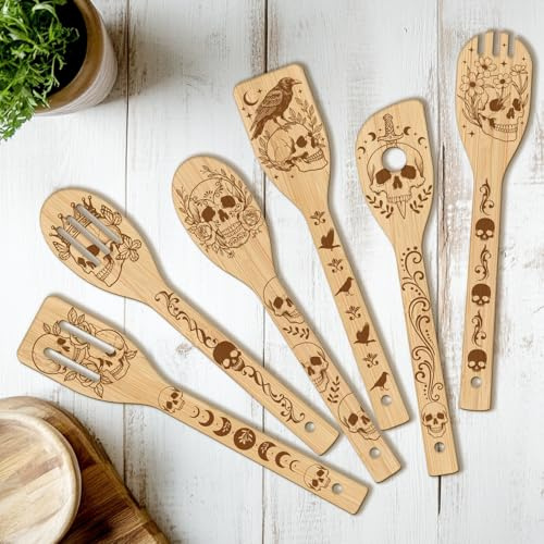 CUTHOLLOW Lot de 6 Spatule en Bois - Thème Crâne et corbeau - Spatule Bois Cuisine, Originaux Ustensiles de Cuisine en Bois pour Femme, Anniversaire, Pendaison de Crémaillère