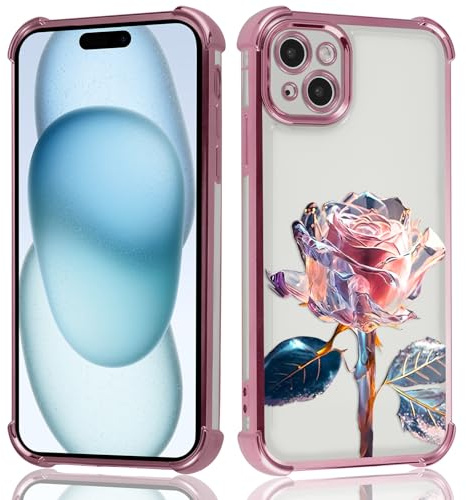 Knrlqim Custodia per Apple iPhone 15 6,1, Aesthetic Disegni Fiori Rose Sfumato Motivo Cover, Trasparente Rosa Galvanizzazione TPU Morbido Antiurto Resistente Protettiva Case con Protezione Fotocamera