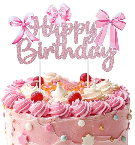 Bow Cake Topper 5.8x3.3 Inch Bow Themed Happy Birthday Cake Topper Decor Coquette Pink Cakes Toppers Bows Cakes Decorations for Women Princess Birthday Party Supplies