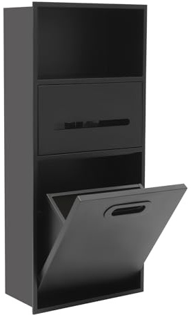 Nicchia da parete in acciaio inox, colore nero, 3 scomparti, con porta carta igienica e pattumiera, impermeabile, da incasso per bagno, cucina, soggiorno, 66 x 14 x 30 cm