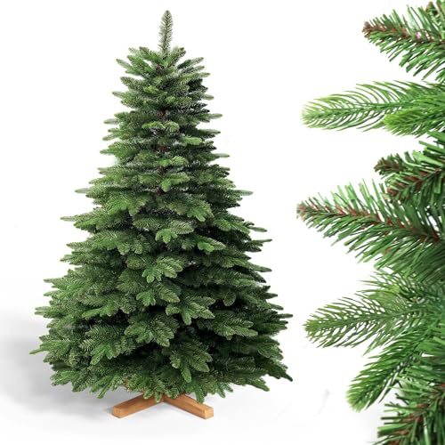 YOUDENOVA künstlicher Weihnachtsbaum 180cm,Tannenbaum künstlich mit Holzständer,nordmanntanne künstlich mit braunem Stamm und 1050 Stecklinge