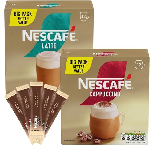 Nescafe Cappuccino 12 x 15.5 g, Latte 12 x 18 g and Gold Blend 25 x 1.8 g Instant Coffee Sachets Variety Pack