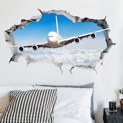SUPERDANT Adesivo Murale 3D Aereo Che Trapassa Il Muro Decorazione Casa Adesivo Rimovibile Grandi Dimensioni Arte Vinilica Per Camera Bambini Soggiorno Stanza Giochi Regalo Appassionati Aviazione