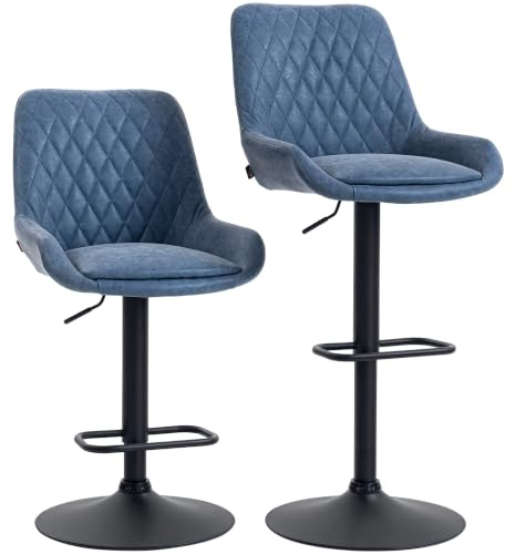 HOMCOM Breakfast Bar Stools Set of 2 Height Adjustable Swivel Dark Blue | PU Leather Upholstered Barstools, Wide Seat, Backrest, Large Base, Footrest, Kitchen, Dining Room