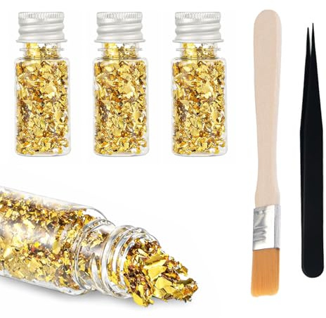 3 Flaschen Blattgoldblätter mit Pinzette & Pinsel, Blattgold Flocken Multifunktions-Dekorfolienpapier Goldfolie Papier Blattgold Imitation Dekoration Dekorfolien für Vergoldung Malerei Küche Handwerk