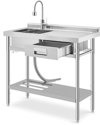 Edelstahl Spültisch 90×50×100CM, Freistehende Küchenspüle 1 Becken, Gewerbliche Spülbecken Mit Wasserhahn Kalt Und Warmwasserschläuchen, Für Waschküche Outdoorküche Gastro Geschäft Restaurant