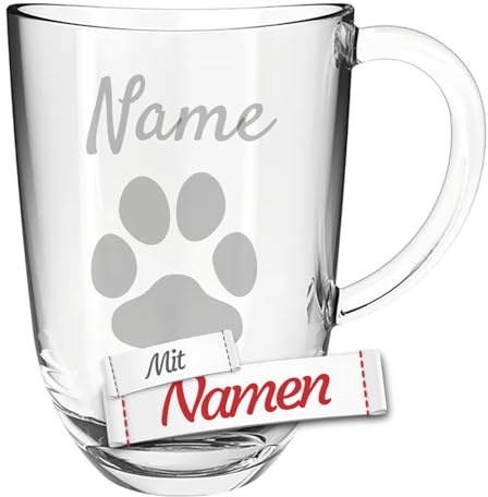 LEONARDO Glas-Tasse Hundepfote, mit Gravur personalisiert mit Namen Wunschname Wunschtext Namensgravur, Geschenk für Hundebesitzer Hundeliebhaber Hundemama Hundepapa Herrchen Frauchen
