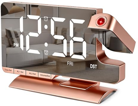 SZELAM Alarm Clock Bedside with Projection Digital Clock,7.3 Mirror Clock with 180°Rotating Projector,Dual Alarm with 3 Mode,Brightnee Adjust,DST,Snooze,Charging Port,5 Levels Volume for Desk Teens