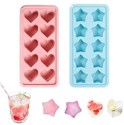 Silicone Ice Cube Moulds Set, Star Ice Cube Tray and Heart Ice Cube Tray, Flexible Ice Cube Trays for Cocktails and DIY Desserts, Two Silicone Molds Measuring 21.7 x 10.5 cm