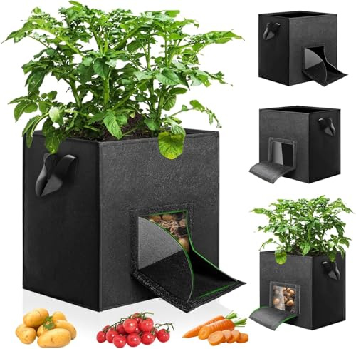 YedZen Potato Grow Bags, 4 Pack 5 Gallon Breathable Non-Woven Fabric with Visible Window, Harvesting Window＆Strap Handles, Potato Growing Bags for Vegetables, Tomatoes, Carrots, Garden Planting