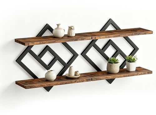 Wandregal Holz Metall 2er Set - Schwebendes Regal Wand Wandregal Metall Holz - Regal Wand mit 2 Ebenen Regalbrett Holz Schwarz Wandregale für Küche Wohnzimmer Schlafzimmer Büro - Retro Braun Schwarz