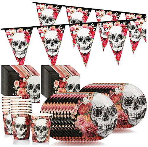 com-four® 61-teiliges Party-Set Dia de los Muertos, Papp-Geschirr | Servietten - Wimpelkette mit Totenkopf für Halloween - Tag der Toten - Mottoparty oder Kindergeburtstag