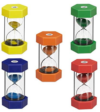 Relaxdays XXL Sanduhren Set, für Kinder, Zeit lernen, 1 min, 5 min, 10 min, 15 min, 30 min, bruchsicher, bunt