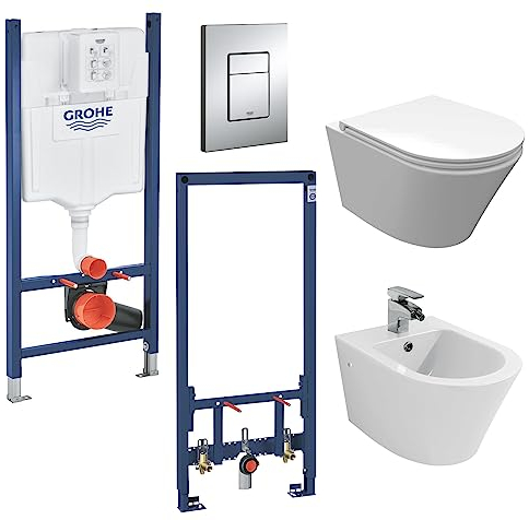 vanvilla Wand Hänge WC Luanda Spülrandlos Toilette mit Soft-Close WC-Sitz Hänge Bidet mit Grohe Vorwandelement SET