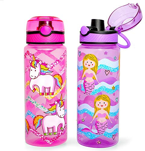 Home Tune 23oz Kids Water Drinking Bottle 2 Pack - BPA Free, Auto Push Button, Chug Lid, Carry Loop Lightweight, Leak-Proof Water Bottle with Cute Design For Girls & Boys - Unicorn & Mermaid