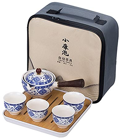 fanquare Blau und Weiß Porzellan Tragbares Reise Tee Set, Handgemachtes Kungfu Teeservice, 4 Tassen, Teekanne und Bambus Teefach mit Reisetasche